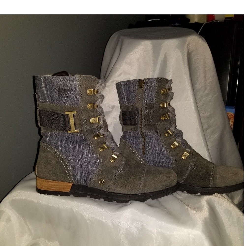 Sorel Major Carly Boots Women 7.5 Gray Excellent Suede Canvas Lace Up NL2158-053 - Picture 4 of 8